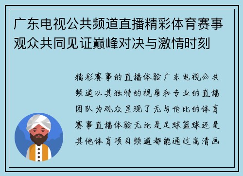 广东电视公共频道直播精彩体育赛事观众共同见证巅峰对决与激情时刻